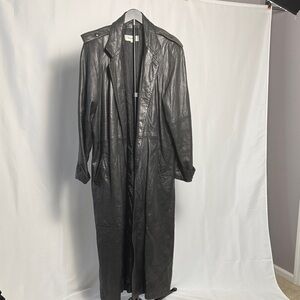 Philippe Monet Black Long Leather Trench Coat with Shoulder Epaulets